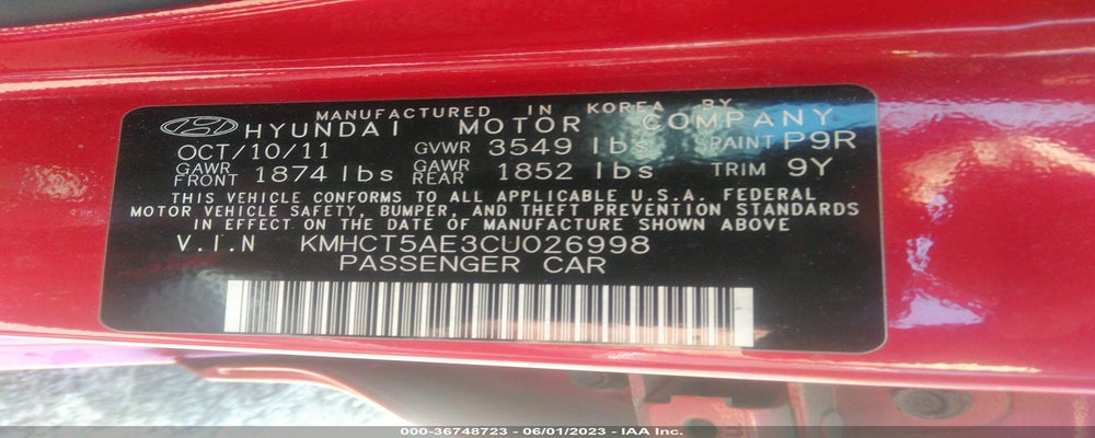 KMHCT5AE3CU026998 2012 HYUNDAI ACCENT photo no. 9
