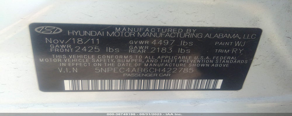 5NPEC4AB6CH422785 2012 HYUNDAI SONATA photo no. 9