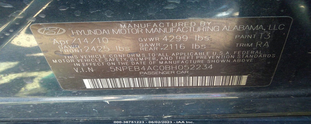 5NPEB4AC0BH052234 2011 HYUNDAI SONATA photo no. 9