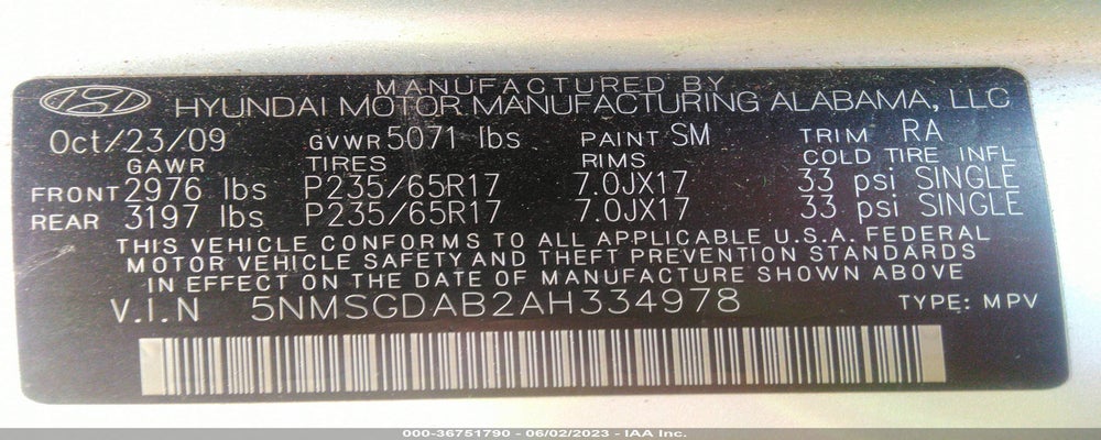 5NMSGDAB2AH334978 2010 HYUNDAI SANTA FE photo no. 9