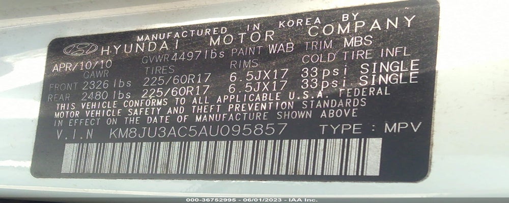 KM8JU3AC5AU095857 2010 HYUNDAI TUCSON photo no. 9