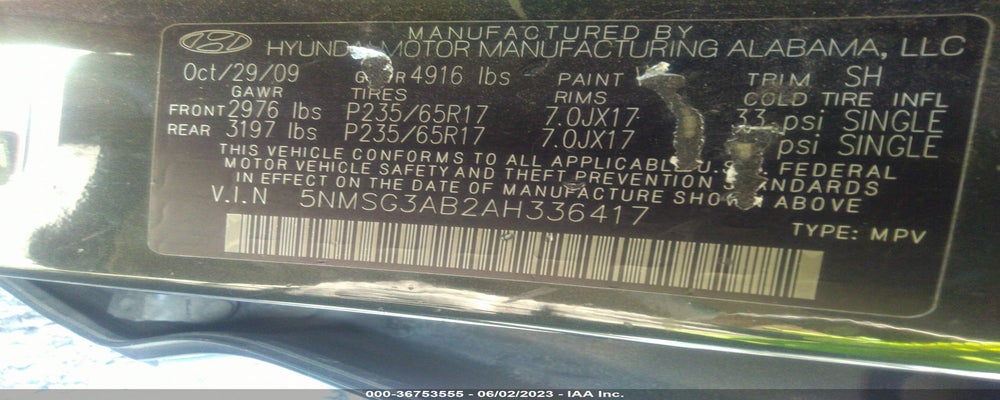 5NMSG3AB2AH336417 2010 HYUNDAI SANTA FE photo no. 9