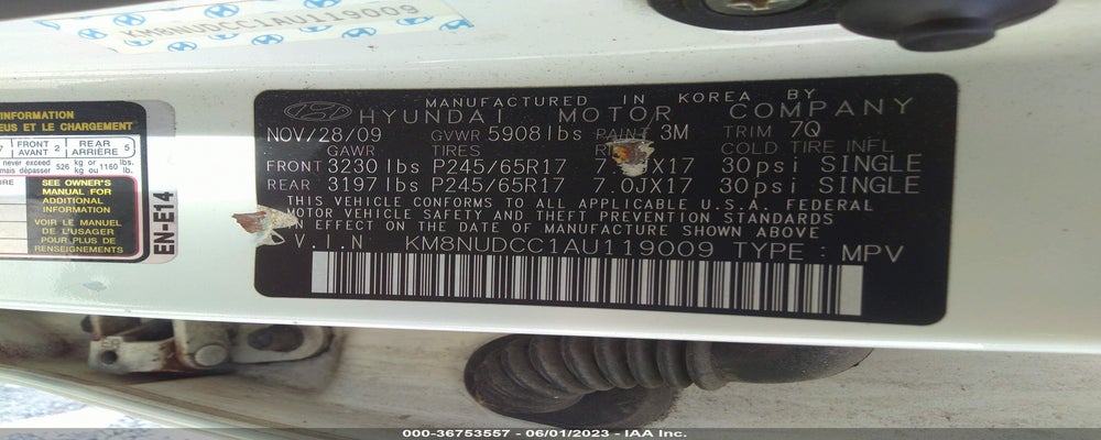 KM8NUDCC1AU119009 2010 HYUNDAI VERACRUZ photo no. 9