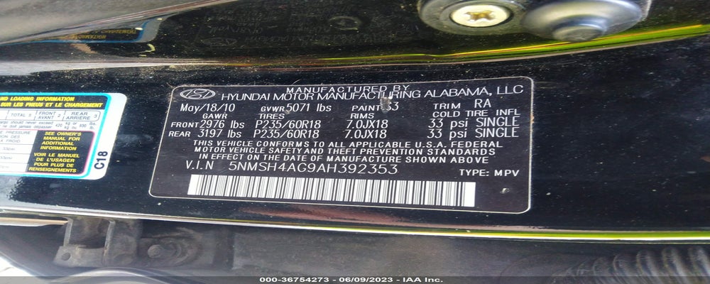 5NMSH4AG9AH392353 2010 HYUNDAI SANTA FE photo no. 9