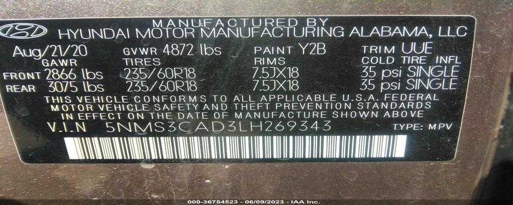 5NMS3CAD3LH269343 2020 HYUNDAI SANTA FE photo no. 9
