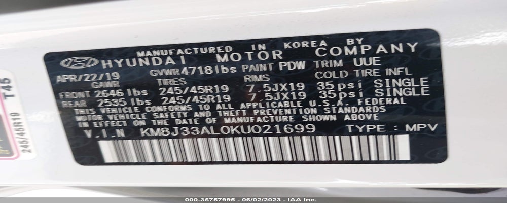 KM8J33AL0KU021699 2019 HYUNDAI TUCSON photo no. 9