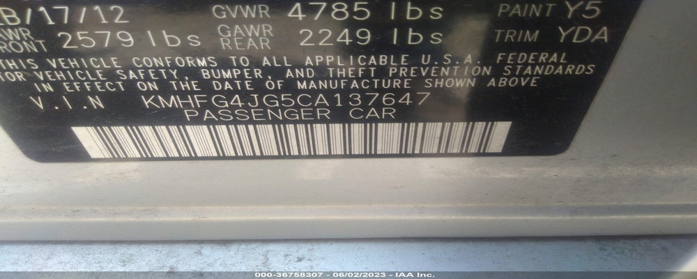 KMHFG4JG5CA137647 2012 HYUNDAI AZERA photo no. 9
