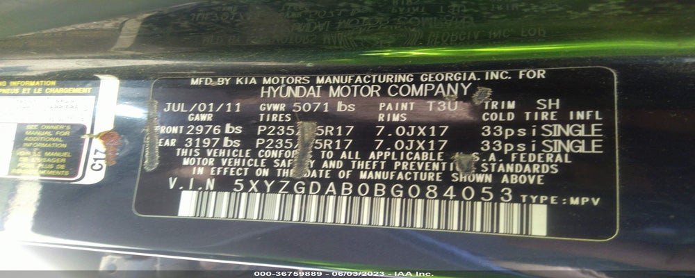 5XYZGDAB0BG084053 2011 HYUNDAI SANTA FE photo no. 9