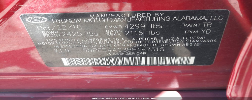 5NPEB4AC3BH187515 2011 HYUNDAI SONATA photo no. 9