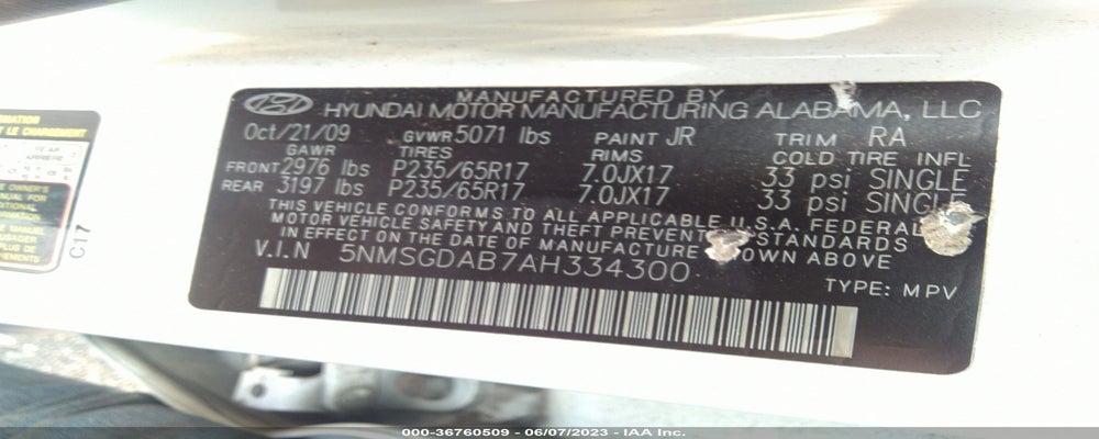 5NMSGDAB7AH334300 2010 HYUNDAI SANTA FE photo no. 9
