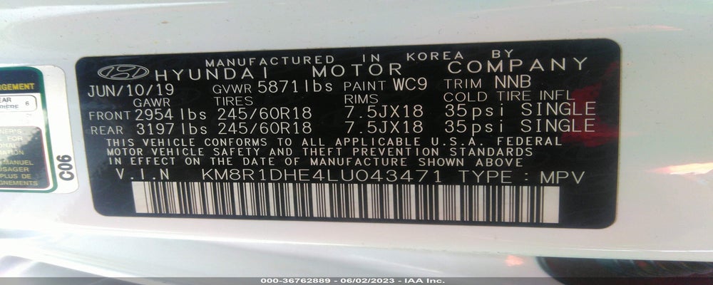 KM8R1DHE4LU043471 2020 HYUNDAI PALISADE photo no. 9