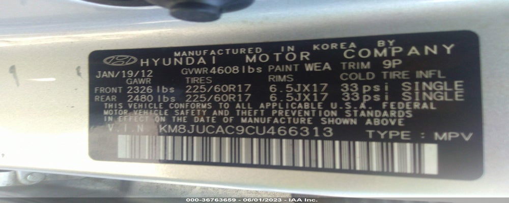 KM8JUCAC9CU466313 2012 HYUNDAI TUCSON photo no. 9