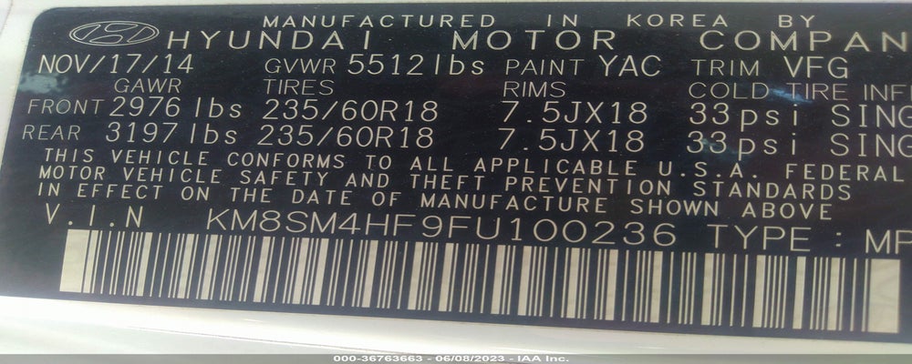 KM8SM4HF9FU100236 2015 HYUNDAI SANTA FE photo no. 9