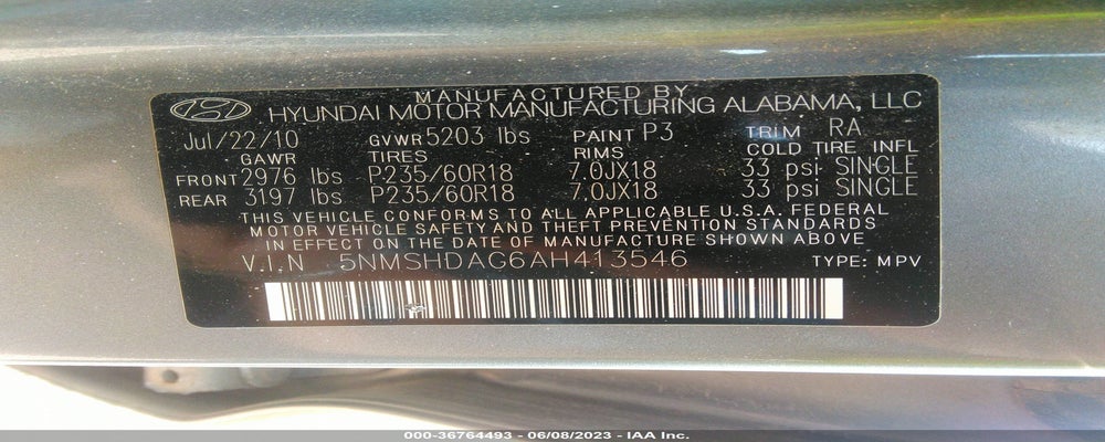 5NMSHDAG6AH413546 2010 HYUNDAI SANTA FE photo no. 9