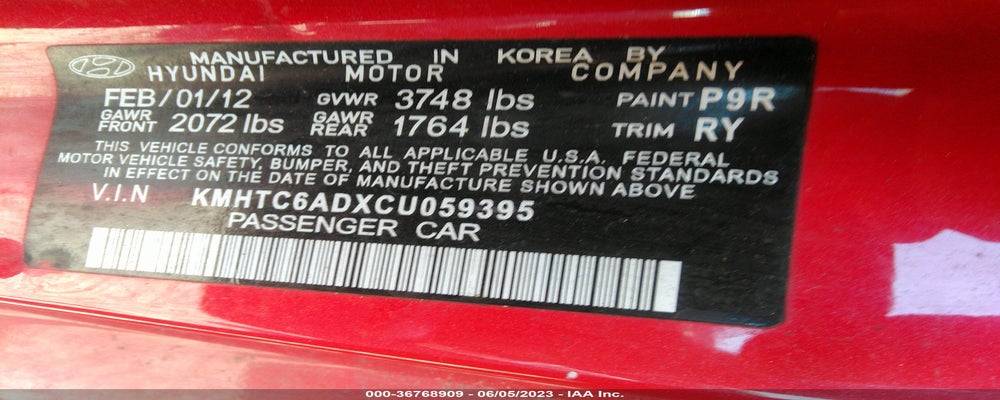 KMHTC6ADXCU059395 2012 HYUNDAI VELOSTER photo no. 9