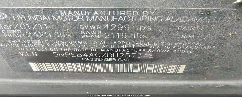 5NPEB4ACXBH257348 2011 HYUNDAI SONATA photo no. 9