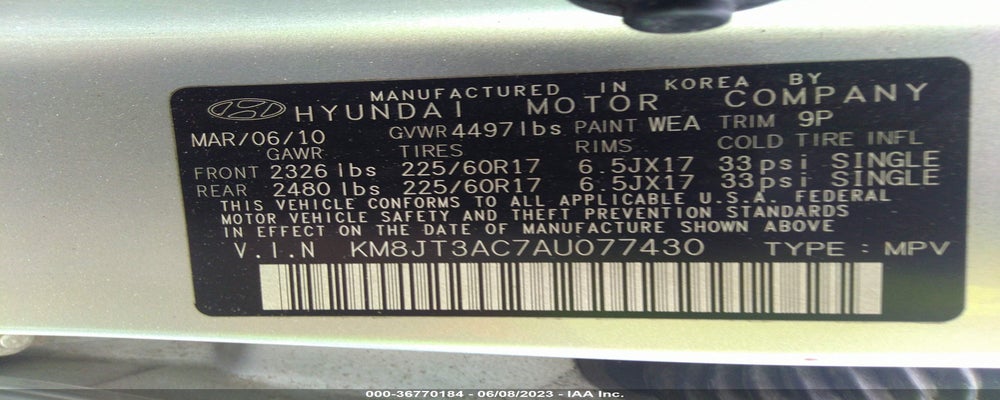 KM8JT3AC7AU077430 2010 HYUNDAI TUCSON photo no. 9