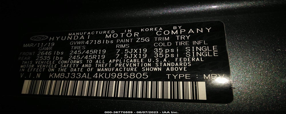 KM8J33AL4KU985805 2019 HYUNDAI TUCSON photo no. 9