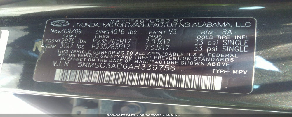 5NMSG3AB6AH339756 2010 HYUNDAI SANTA FE photo no. 9