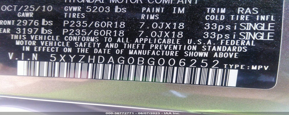 5XYZHDAG0BG006252 2011 HYUNDAI SANTA FE photo no. 9
