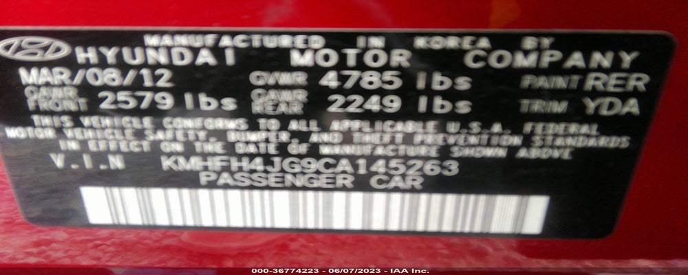 KMHFH4JG9CA145263 2012 HYUNDAI AZERA photo no. 9