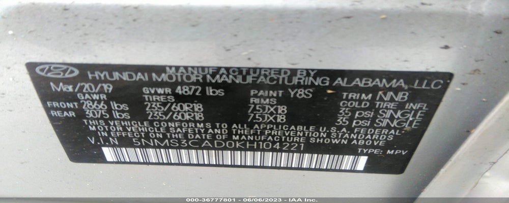 5NMS3CAD0KH104221 2019 HYUNDAI SANTA FE photo no. 9