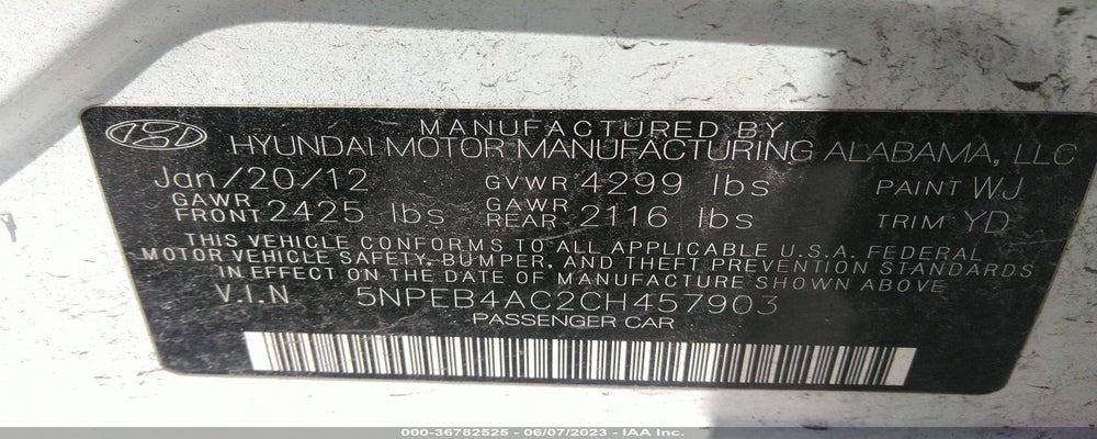 5NPEB4AC2CH457903 2012 HYUNDAI SONATA photo no. 9