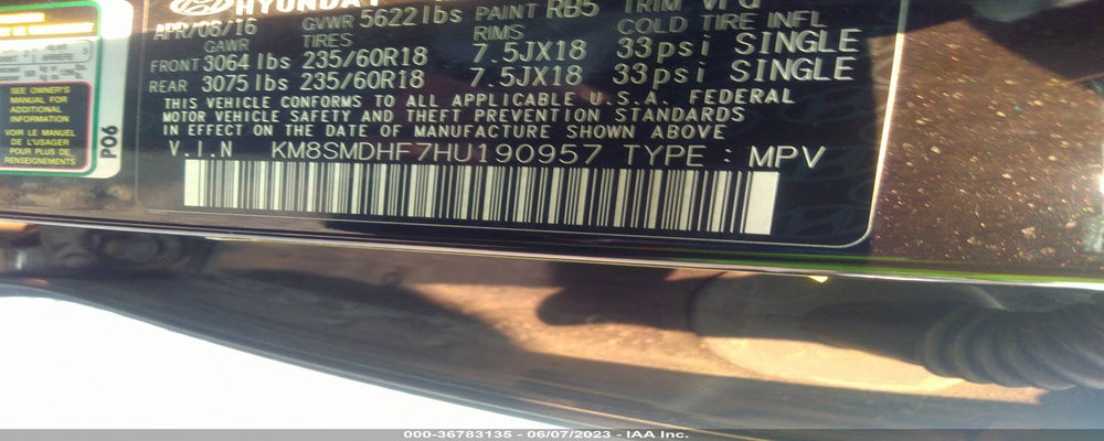 KM8SMDHF7HU190957 2017 HYUNDAI SANTA FE photo no. 9