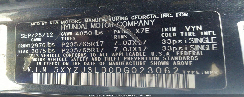 5XYZU3LB0DG023062 2013 HYUNDAI SANTA FE photo no. 9