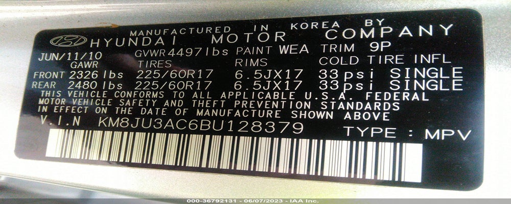 KM8JU3AC6BU128379 2011 HYUNDAI TUCSON photo no. 9