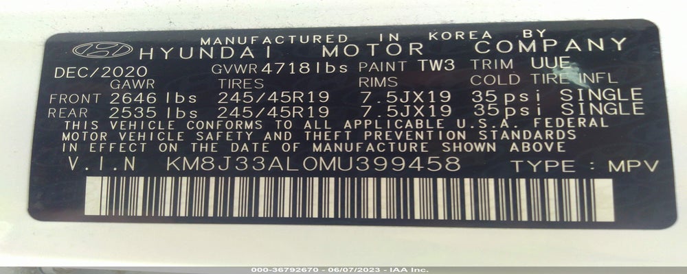 KM8J33AL0MU399458 2021 HYUNDAI TUCSON photo no. 9