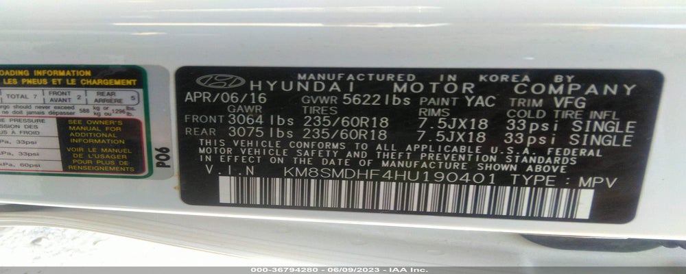 KM8SMDHF4HU190401 2017 HYUNDAI SANTA FE photo no. 9