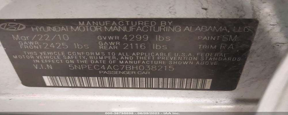5NPEC4AC7BH038215 2011 HYUNDAI SONATA photo no. 9