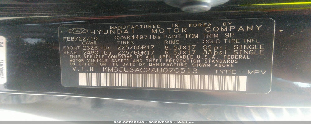 KM8JU3AC2AU070513 2010 HYUNDAI TUCSON photo no. 9