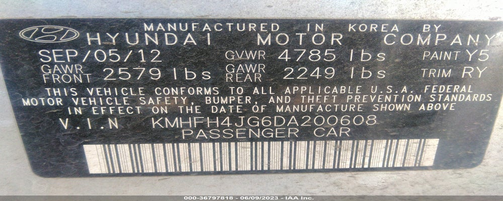 KMHFH4JG6DA200608 2013 HYUNDAI AZERA photo no. 9