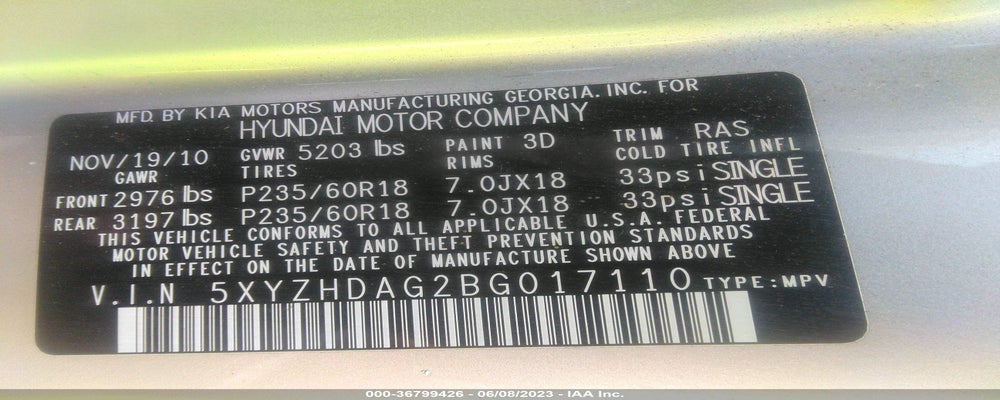 5XYZHDAG2BG017110 2011 HYUNDAI SANTA FE photo no. 9
