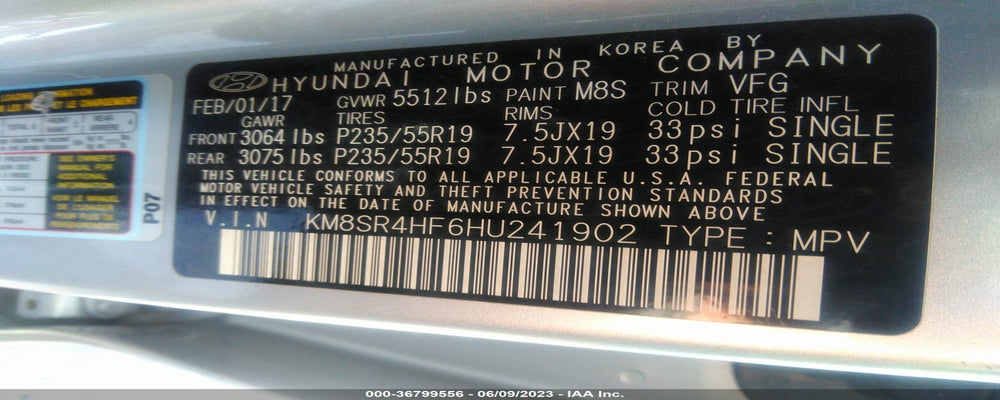 KM8SR4HF6HU241902 2017 HYUNDAI SANTA FE photo no. 9