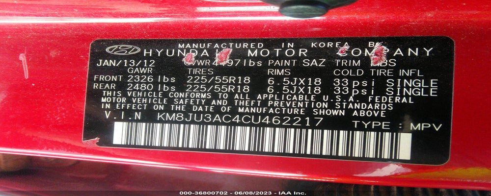 KM8JU3AC4CU462217 2012 HYUNDAI TUCSON photo no. 9