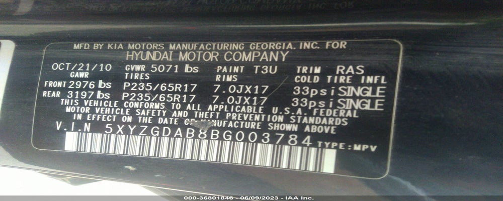 5XYZGDAB8BG003784 2011 HYUNDAI SANTA FE photo no. 9