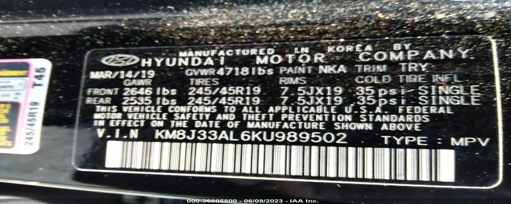 KM8J33AL6KU989502 2019 HYUNDAI TUCSON photo no. 9