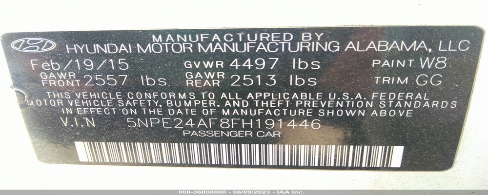 5NPE24AF8FH191446 2015 HYUNDAI SONATA photo no. 9