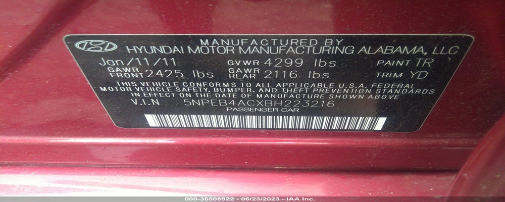 5NPEB4ACXBH223216 2011 HYUNDAI SONATA photo no. 9
