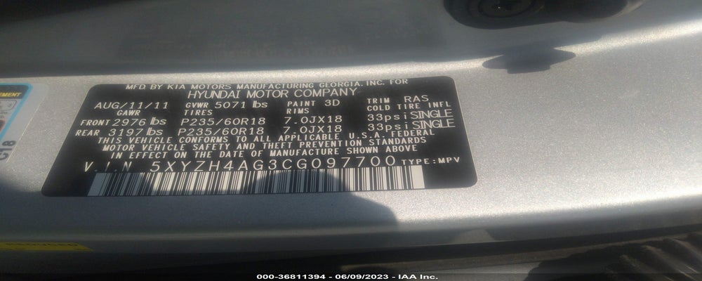 5XYZH4AG3CG097700 2012 HYUNDAI SANTA FE photo no. 9