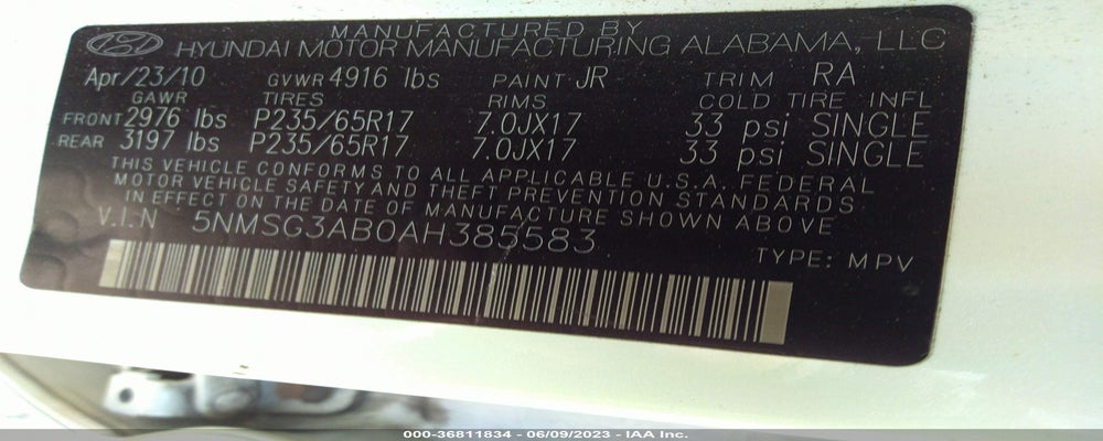 5NMSG3AB0AH385583 2010 HYUNDAI SANTA FE photo no. 9