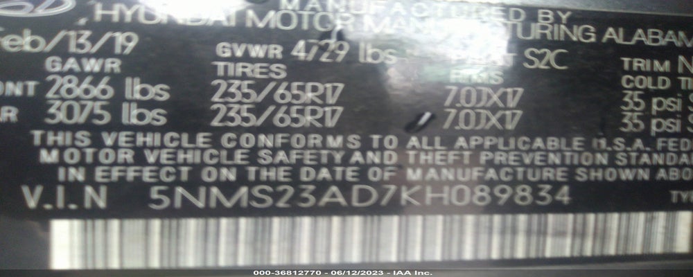 5NMS23AD7KH089834 2019 HYUNDAI SANTA FE photo no. 9