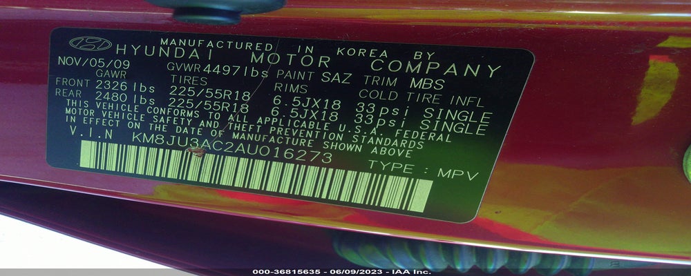 KM8JU3AC2AU016273 2010 HYUNDAI TUCSON photo no. 9