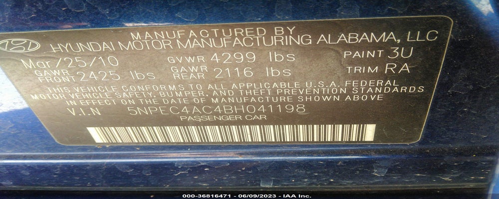 5NPEC4AC4BH041198 2011 HYUNDAI SONATA photo no. 9