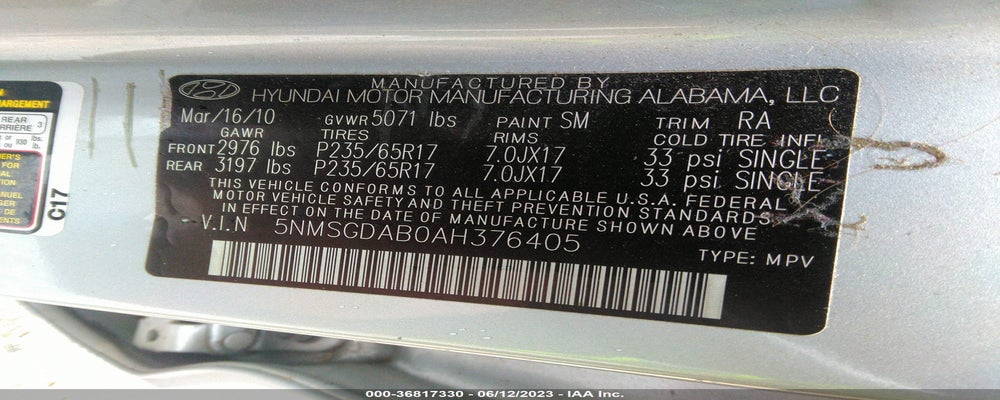 5NMSGDAB0AH376405 2010 HYUNDAI SANTA FE photo no. 9