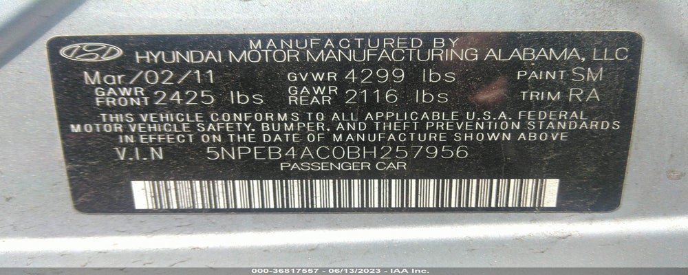 5NPEB4AC0BH257956 2011 HYUNDAI SONATA photo no. 9