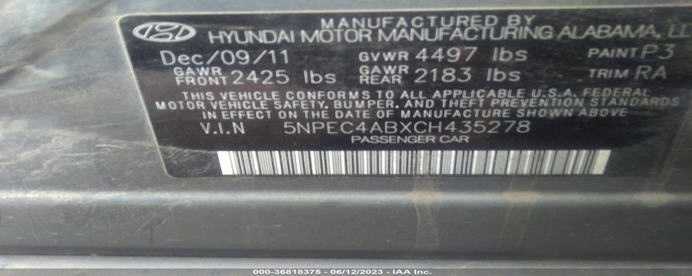 5NPEC4ABXCH435278 2012 HYUNDAI SONATA photo no. 9